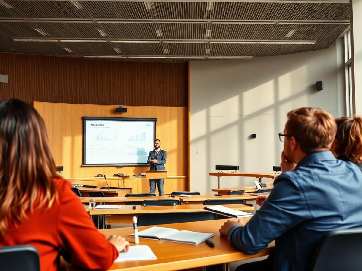 Student prezentând lucrarea în fața comisiei